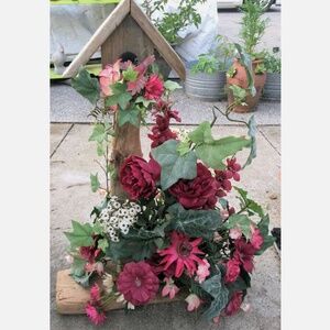 Lrg 25" Rustic Driftwood Birdhouse Late Summer Burgundy Reds Floral Arrangement